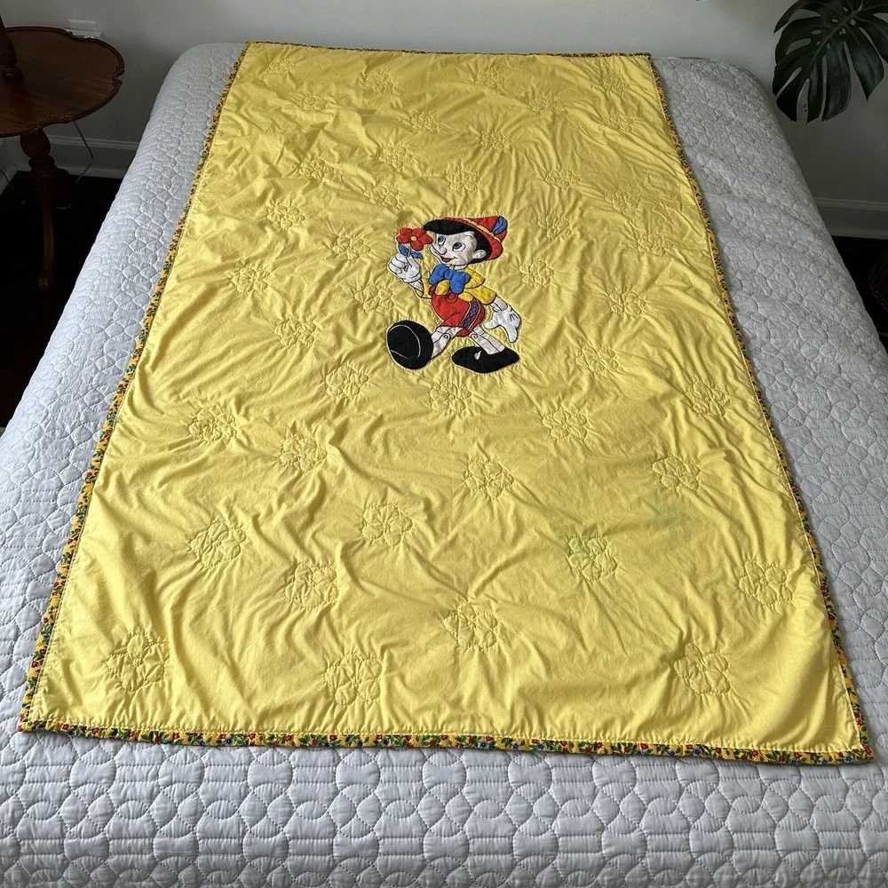 Vintage Disney Pinocchio Yellow Handmade Flower Bedding Blanket Quilt Toddler
